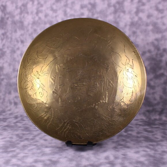 Vintage Chinese Brass Decorative Plate Crane Dragon Etched 11" - Picture 3 of 11